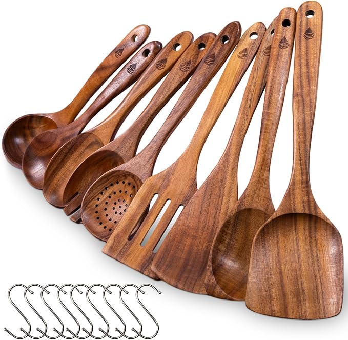 9 Piece Wooden Spoons for Cooking, Natural Teak Wooden Utensils Set, Handmade Wood Kitchen Utensil Set with Hooks, Durable Nonstick, Comfort Grip, Heat Resistant Wood Cookware Tool