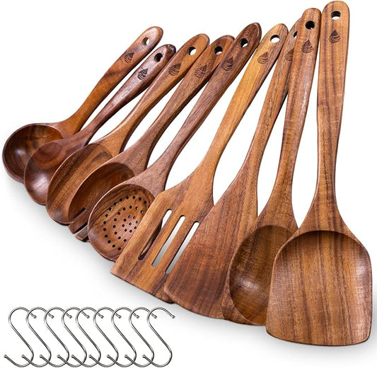 9 Piece Wooden Spoons for Cooking, Natural Teak Wooden Utensils Set, Handmade Wood Kitchen Utensil Set with Hooks, Durable Nonstick, Comfort Grip, Heat Resistant Wood Cookware Tool