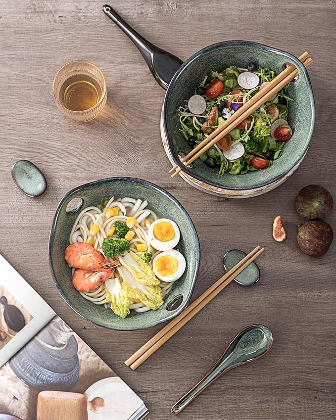 UNICASA Japanese Ramen Bowl Set with Chopsticks, Spoons and Rests, 26oz Deep Porcelain Noodle Bowl Set of 2 for Udon, Pho, Salad, Soup (Teal Green)