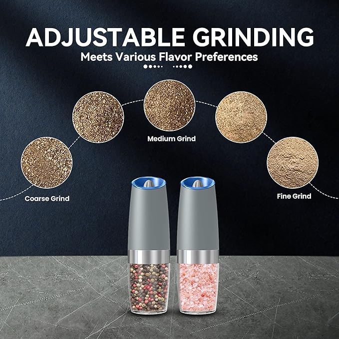 Gravity Electric Salt and Pepper Grinder set of 2, Automatic Salt And Pepper Grinder Set, Adjustable Roughness, Battery Powered, LED Light, 2 Pack, (Light Grey)