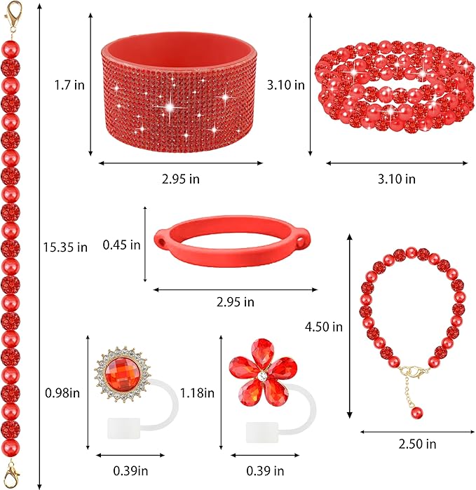 9PCS Christmas Red of Stanley Cup Accessories Set 30/40 OZ Bling Pearl Rhinestones Charms for Stanley Decorations Tumbler Accessories Including Flower Straw Topper, Rhinestones Boot 30/40 OZ
