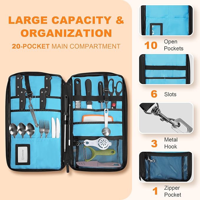 YARWO Chef Knife Bag with 20-Pockets, Professional Knife Sheath Storage Case with Shoulder Strap and Top Handle, Cooks & Culinary Tools Organizer Holder for Kitchen Travel Cooking Utensils (Bag Only)
