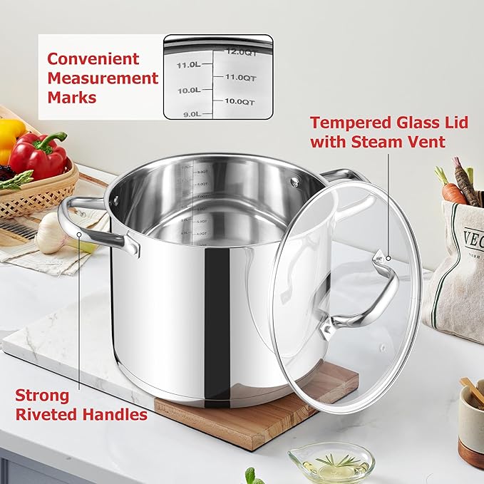 LIANYU 12 QT Stock Pot with Lid, 12 Quart Stainless Steel Large Tall Soup Pot for Cooking, Big Deep Stockpot with Visible Lid, Tri-ply Heavy Duty Stockpot for Induction, Stoves, Gas