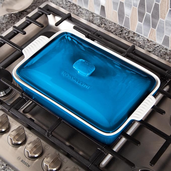 Stoneware Casserole Dish Bakeware Set with Lid, Covered Rectangular Dinnerware, Large 3.2 Quart, 11 by 9 Inch [Ocean Blue]