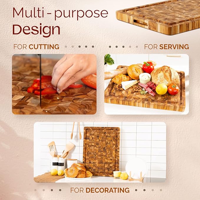Yes4All Durable Teak Cutting Boards for Kitchen, [17''L x 13''W x 1.5” Thick] Medium End Grain Cutting Board, Pre Oiled Wood Cutting Boards, Thick Chopping Board w/Juice Grooves and Easy Grip Handle