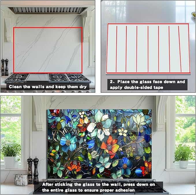 Evgosm Tempered Glass Backsplash for Kitchen， Stove Splashback, Pixel Flower Glass Backsplash, Used for Kitchen Wall Protection and Decoration, Easy to Install and Clean. (30x20'')