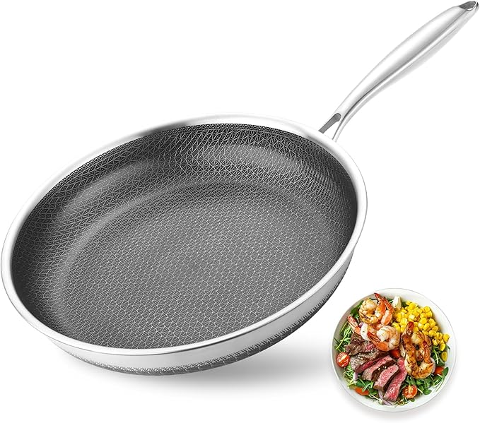 Dingerkit Non Stick Frying Pans, 10 inch Stainless Steel Nonstick Fring Pan with Honeycomb for Kitchen Cooking - Skillet for Cookware - Works with Induction Cooktop Ceramic and Gas.