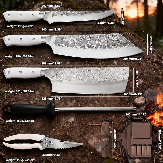 KOFERY Hand Forged Damascus Chef Knife Set with Roll Bag and Sharpener - Ideal for Culinary, Camping and BBQ(Off-White Handle)