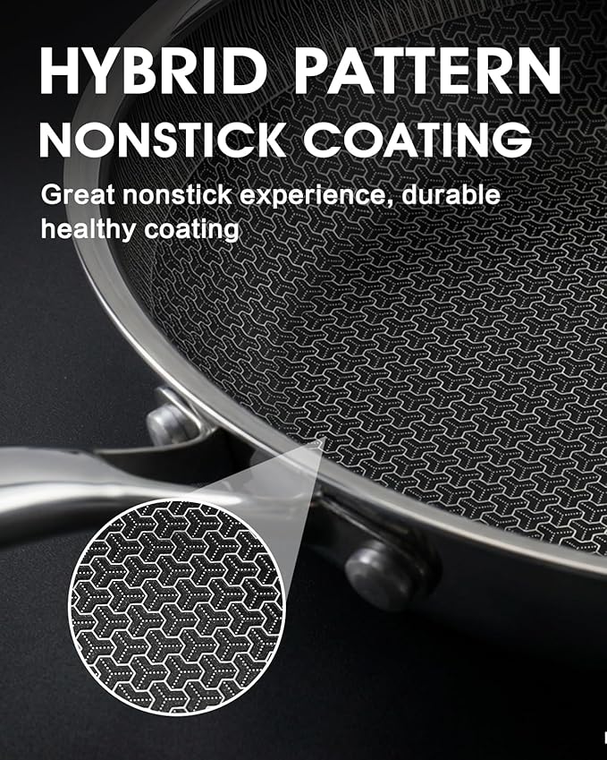 Non Stick Frying Pan 12 Inch with Lid, Hybrid Nonstick Stainless Steel Skillet Pan with Stay-cooling Handle, PFOA Free Non Toxic Dishwash & Oven Safe Kithchen Cookware Set Compatible All Cooktops