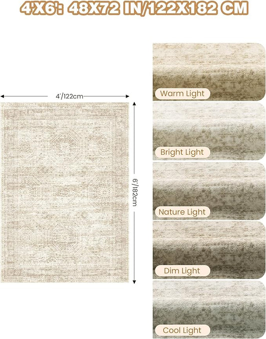 Area Rugs 4x6 for Living Room, Non-Slip Backing Small Kids Rugs for Bedroom, Vintage Abstract Rug Home Decor, Low Pile Soft Washable Rug for Kitchen, Dining Room (4'x6', Beige/Ivory)