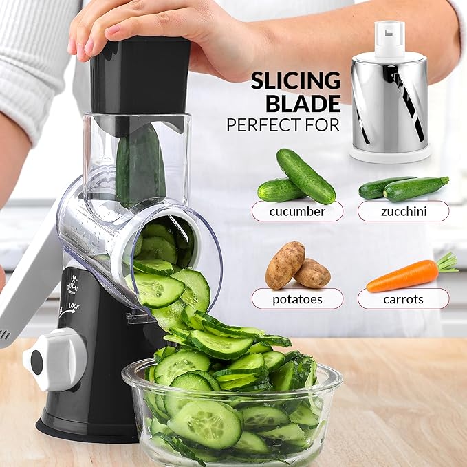 Zulay Rotary Cheese Grater 3 Blade Cheese Shredder - Manual Hand Crank Cheese Grater With Reinforced Suction & 3 Interchangeable Drums - Easy to Use Vegetable Chopper - Black
