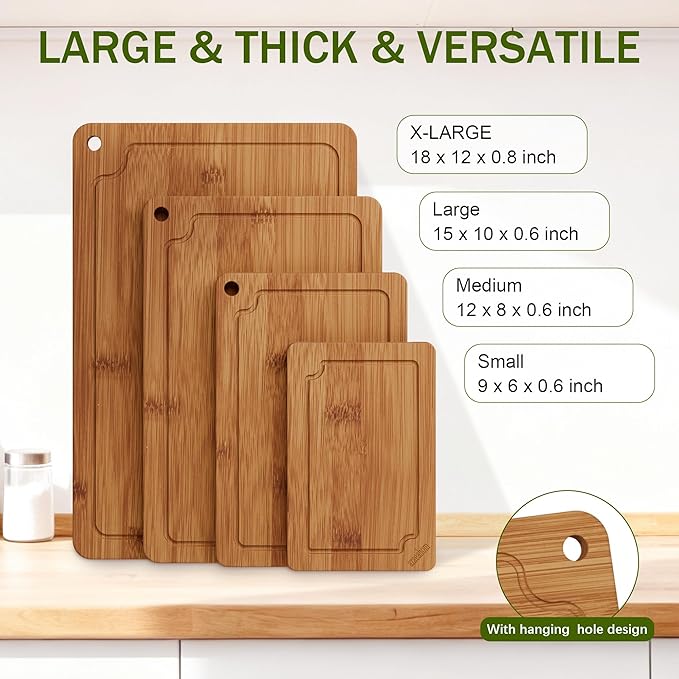 Bamboo Cutting Boards for Kitchen, Wood Cutting Board Set with Juice Grooves & Built-in Handles, Easy Storage & Clean Chopping Board for Meat, Vegetables, Fruit(4 Pcs)