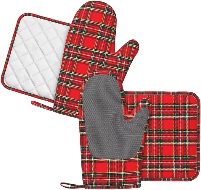 Christmas Silicone Oven Mitts and Pot Holders Sets Red Green Buffalo Plaid Kitchen Mitts Rustic Christmas Checkered Potholder Kitchen Accessories for Cooking Baking BBQ