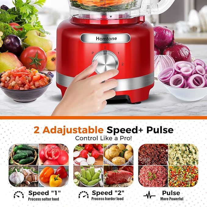 Homtone 16 Cup Food Processor Large, 9 Functions 7 Blades 3 Speeds for Shredding, Slicing, Making French Fries, Chopping Meat, Kneading Dough & Emulsifying, 600W