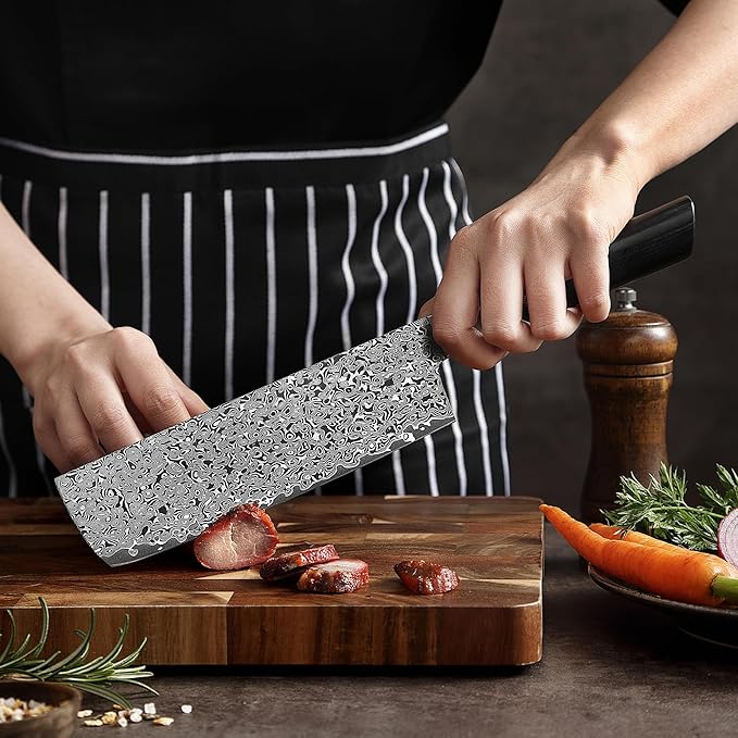 zayiko Black Edition Damascus Nakiri Knife | 18.5 cm Blade Made of 67 Layers of Fine Dark Damascus Steel | Ergonomic Pakkawood Handle | Professional Kitchen Chef's Knife Ideal for Vegetables