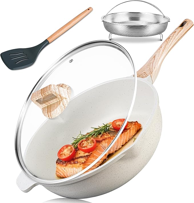 AOSION 11 Inch Nonstick Ceramic Deep Frying Pan Skille with Lid,5QT Sauté Pan for Cooking with Steam Rack,Healthy Large Skillet,Stay Cool Handle, Induction Compatible, PFOA & PFAS Free. (12IN-WHITE)