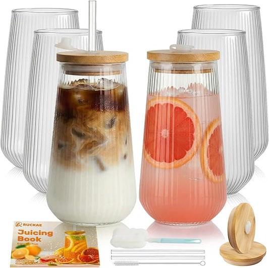 Ruckae Borosilicate Glass Cups with Lids and Straws,16oz Reusable Iced Coffee Cup with Lid Glass Cups 6 Pack for Coffee Bar Accessories,Smoothie,Juice,Durable Clear Tumbler Cups for Home,Office,Travel