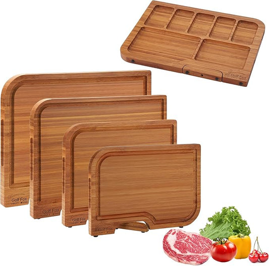 4-PCS Bamboo Cutting Board Set with Innovative Stand - Durable Double Sided Chopping Board with Juice Groove & Handle for Meal Prep, Meat, Fruit, Charcuterie Serving, Eco-Friendly Healthy Kitchen Gift
