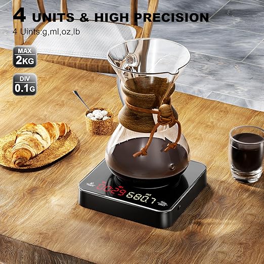 UNIWEIGH Mini Coffee Scale with Timer,Rechargeable Espresso Scale,2kg/0.1g Precision Scale for Espresso and Pour-Over Coffee, Portable Digital Kitchen Scale with Automatic Timing,Black