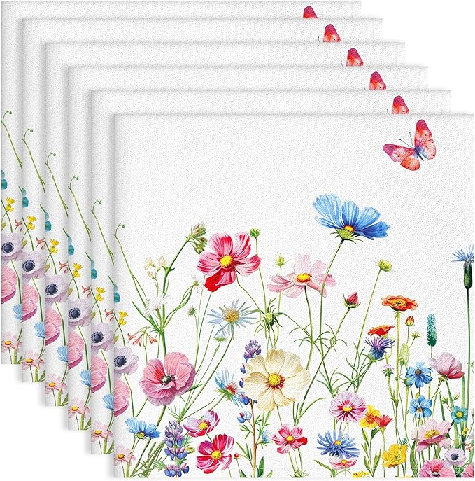 Wildflowers Floral Butterfly Print Cloth Napkins 100% Cotton, 18" X 18" Dinner Napkins Cloth Set, Washable Napkins for Home, Kitchen, Dinner, Party, Wedding, Cocktail, Set of 6