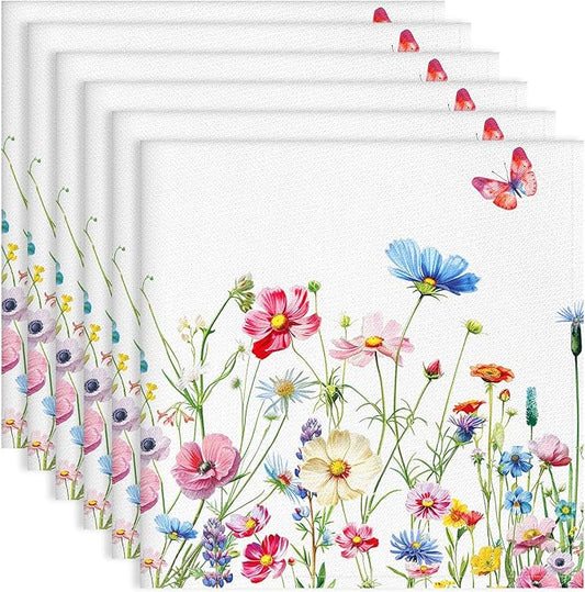 Wildflowers Floral Butterfly Print Cloth Napkins 100% Cotton, 18" X 18" Dinner Napkins Cloth Set, Washable Napkins for Home, Kitchen, Dinner, Party, Wedding, Cocktail, Set of 6