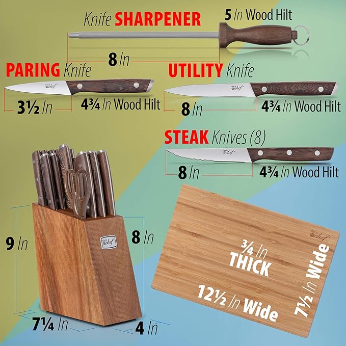 Deco Chef 16 Piece Kitchen Knife Set Stainless Steel with Wood Handles, 8" Chef, 6.5" Cleaver, 8" Bread, 8" Slicing, 4.5" Paring, 6pcs Steak Knives, Kitchen Shears, and more