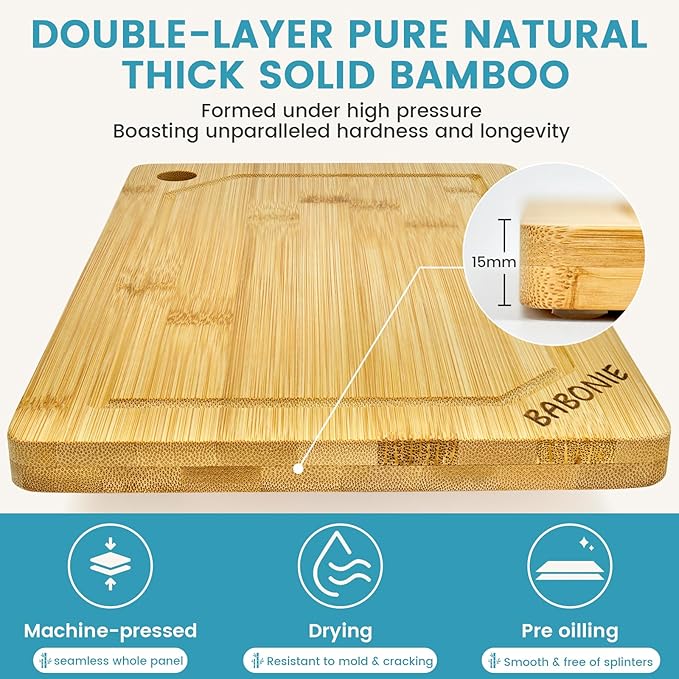 Babonie Bamboo Cutting Board Set of 2PC Large Bamboo Cutting Boards for Kitchen with Wooden Organizer, 1PC Stainless Chopping board for Meat, Vegetables and Fruits Ideas Kitchen Gift