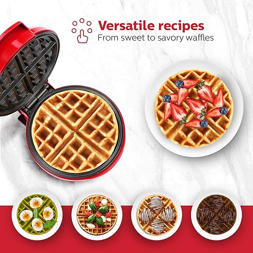 Holstein Housewares 7" Belgian Waffle Maker, Non-Stick Coating, Red/Stainless Steel, Delicious Waffles in Minutes for Everyday Meals. 7 Inch