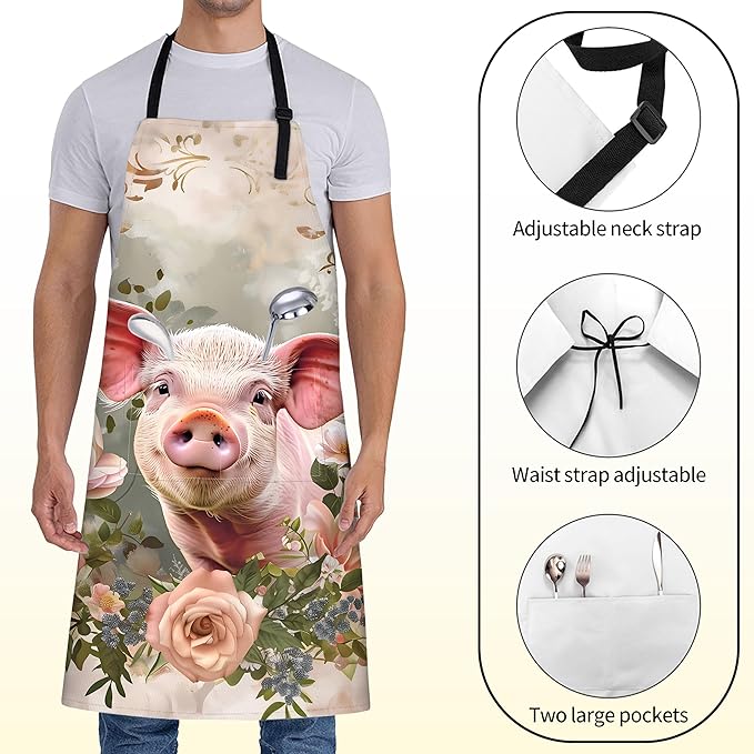 Cute Pig Apron for Women with Floral,28x33in,Farm Animal Kitchen Aprons with 2 Pockets,Oxford Fabric,Playful Retro Adjustable Apron for Cooking Baking Gardening Chef,Gifts for Mom Wife