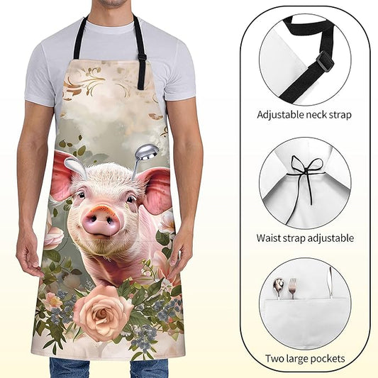 Cute Pig Apron for Women with Floral,28x33in,Farm Animal Kitchen Aprons with 2 Pockets,Oxford Fabric,Playful Retro Adjustable Apron for Cooking Baking Gardening Chef,Gifts for Mom Wife