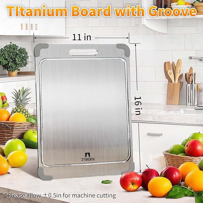 ZYBIDEAL 100% Pure Titanium Cutting Board with Grooves, Update Double Side Titanium Chopping Board, Silicone Anti-slip Stainless Cutting Boards for Kitchen 11 * 15 IN, Grey
