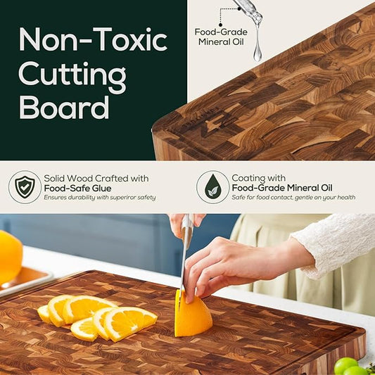 EZ FURNITURE Extra Large (XL) Teak Wood Premium Cutting & Serving Board, Knife Friendly, Pre-Oiled End Grain with Juice Groove & Handles, Non-Toxic (24"Lx18"Wx1.5"Th)