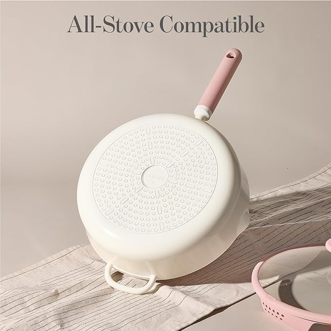 CAROTE 11 Inch Nonstick Deep Frying Pan with Lid, 5 Qt Chef Saute Pan with Pour Spout, Skillet Induction Cookware, Non Stick Cooking Pan Kitchen Pan, Healthy & PFOA/PFAS Free, Includes Spatula, Pink