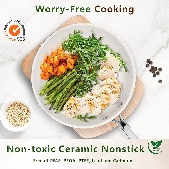 SAKAMOSH 8 Inch Nonstick Ceramic Frying Pan, Tri-Ply Stainless Steel Skillet with Stay-Cool Handle, PFAS/PFOA/PTFE Free, No Seasoning Required, High Heat & Induction Safe, Dishwasher/Oven Safe