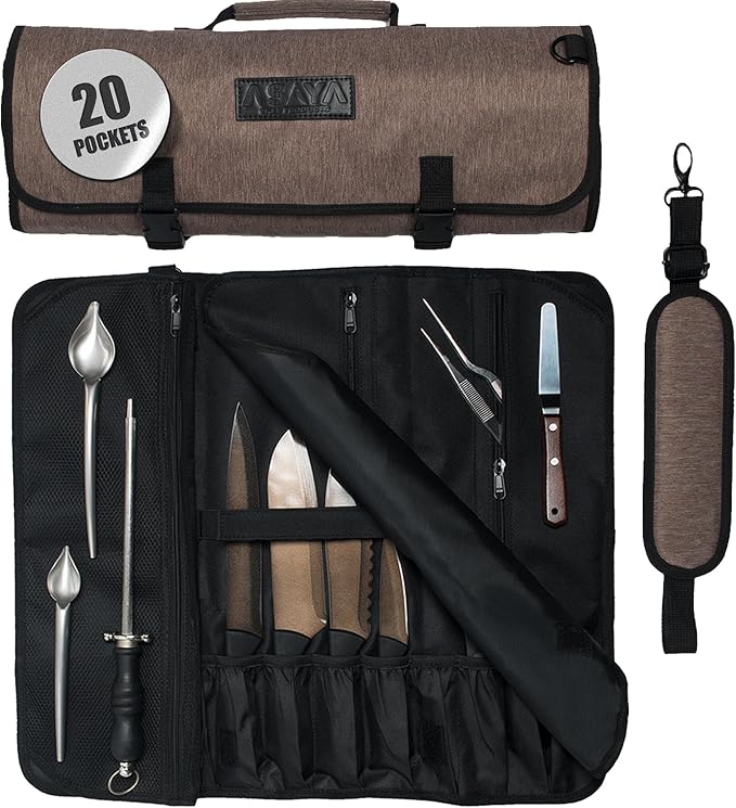 Asaya Chef Knife Roll Bag - 20 Total Pockets for Knives and Kitchen Utensils - Made with Stain Resistant Waxed Nylon - For Chefs and Culinary Students - Knives Not Included(Brown)