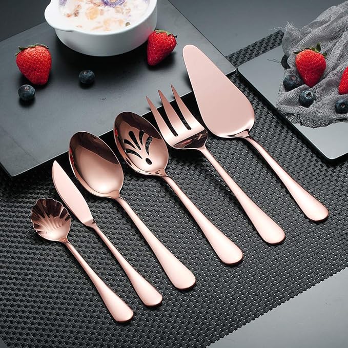 Berglander Stainless Steel Rose Gold Titanium Plated Flatware Serving Set 6 Pieces, 5 Serving Pieces of 45 Pieces Flatware With 1 Cake Server, Copper Serving Silverware Set (Shiny Rose Gold)