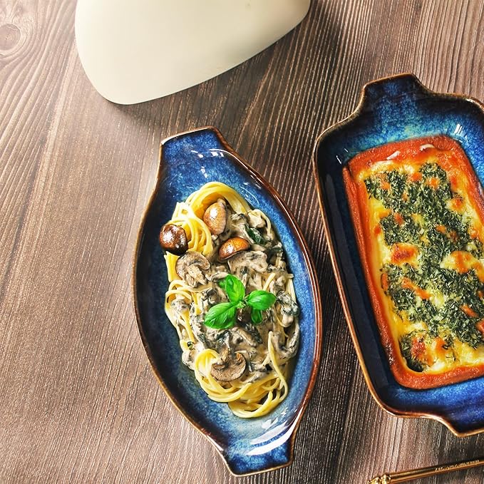 LIUYWYHCF Ceramics Au Gratin baking Dishes Set of 2, Baking Tray Bake ware, 10.5 oz Ramekins, for Pie Pan, Appetizer, Tart, Dessert, Quiche, Oven Small dish, individual dishes Oval 9.3 Inch