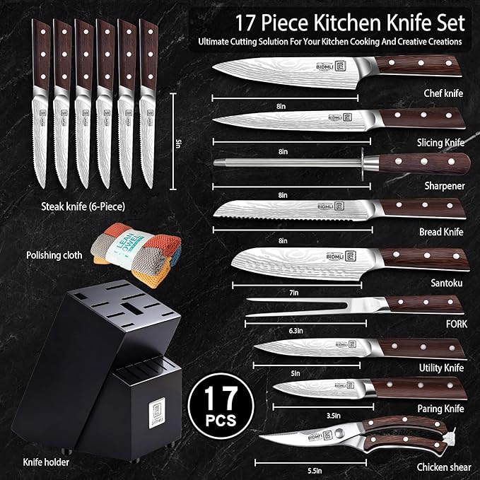 17-Piece Knife Block Set BIDMLI- Black Sharpener & Chicken bone Shears, high carbon stainless steel blades, Ergonomic Hardwood Handle,for Home, Restaurant, Professional
