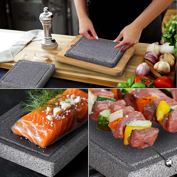 Artestia Lava Stone for Steak with 2PCS Stones, Hot Rock Tabletop Grilling Stones for Wagyu with Bamboo Tray, Mini Pizza Grilling Stones, 8.46"*6.49"