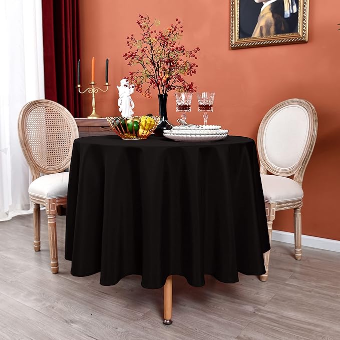 MEANMOY 2 Pack Black 210 GSM Water & Stain Resistant Round Tablecloth - Solid 70 Inch Circle Table Cloth Cover in Wrinkle Free Washable Wipe Clean Polyester for Wedding, Party, Banquet (2 Pcs)
