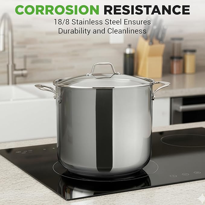 NutriChef 15-Quart Stainless Steel Stock Pot with Tempered Glass Lid - Induction Compatible Large Stockpot, Ideal for Stews & Soups, Dishwasher Safe - NCSP16