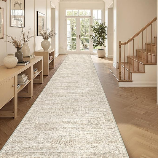3x20 Washable Runner Rug for Hallway, Non-Slip Long Hallway Runner for Entryway, Soft Vintage Kitchen Mats for Floor, Abstract Dining Room, Bedroom, Living Room Rugs(3'x20', Beige/Ivory)