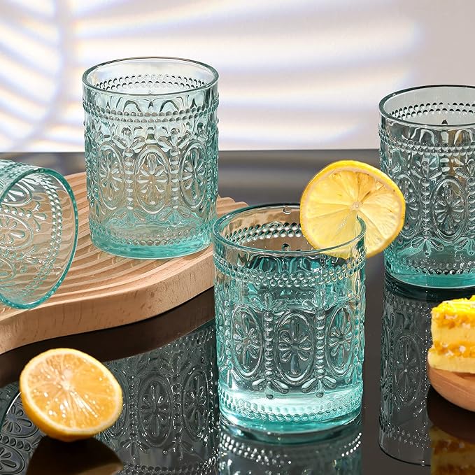 6 Pack Green Vintage Glassware Set, 10oz Textured Embossed Drinking Glasses, Colored Water Glasses, Green Glass Cups for Juice, Cocktails, Beer, Iced Tea, Soda