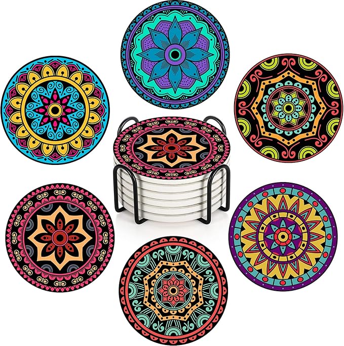 Coaster for Drinks Set of 6, Mandala Flower Floral Retro Absorbent Round Ceramic Stone Mat, with Cork Base and Metal Holder, Gift for Housewarming Room Bar Decor
