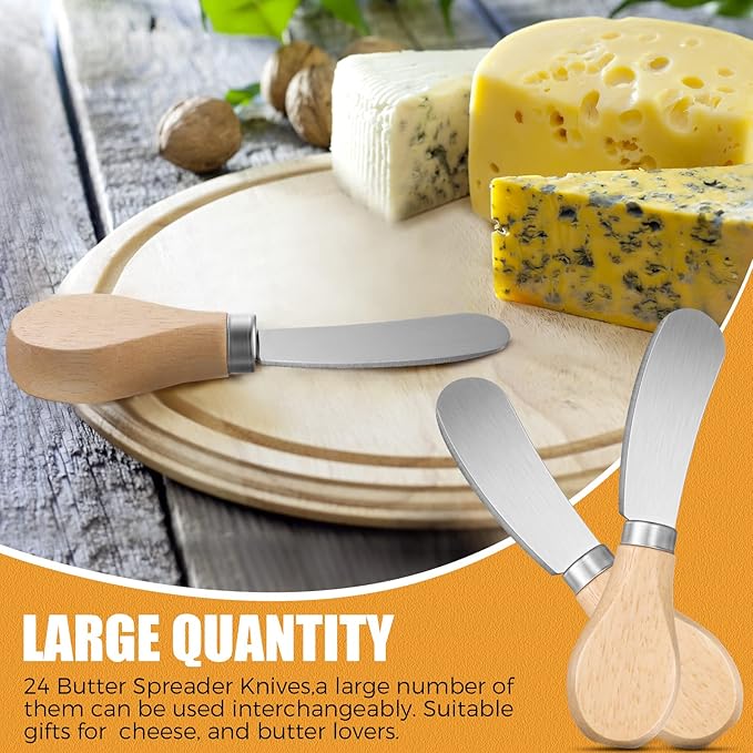 24 Pcs Little Cheese Spreader Knives 4.7 Inch Stainless Steel Butter Spreader with Wooden Handle Mini Butter Knives Small Cheese Utensils for Charcuterie Board Cream Cake Condiment Sandwich