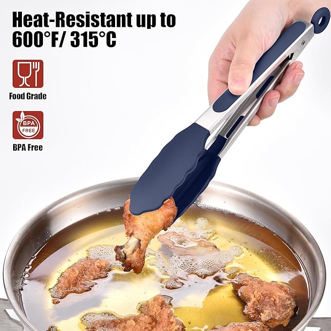 Doosu Kitchen Tongs for Cooking - 600°F Heat Resistant Food Tong with Non-Scratch Silicone Tips, Heavy Duty Stainless Steel Locking Tong for BBQ, Grilling Steak, Serving Salad Pasta (9in, Navy Blue)