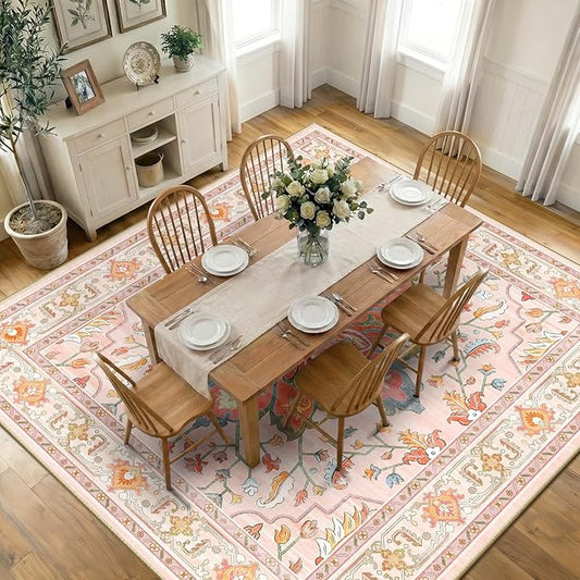 Area Rugs Square 10ft Washable Non-Slip, Floral Vintage Distress Print Pattern Medallion Carpet for Living Room Bedroom Dining Room, Light Pink Colorful