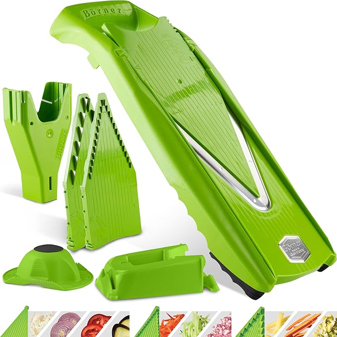 Mandoline Food Slicer Börner V5 (Profi Set) by Reston Lloyd • V-Slicer with 4 Inserts, Docking Station & Food Holder • Made in Germany • Fruit & Vegetable Chopper • Multiple Settings • Color: Lime
