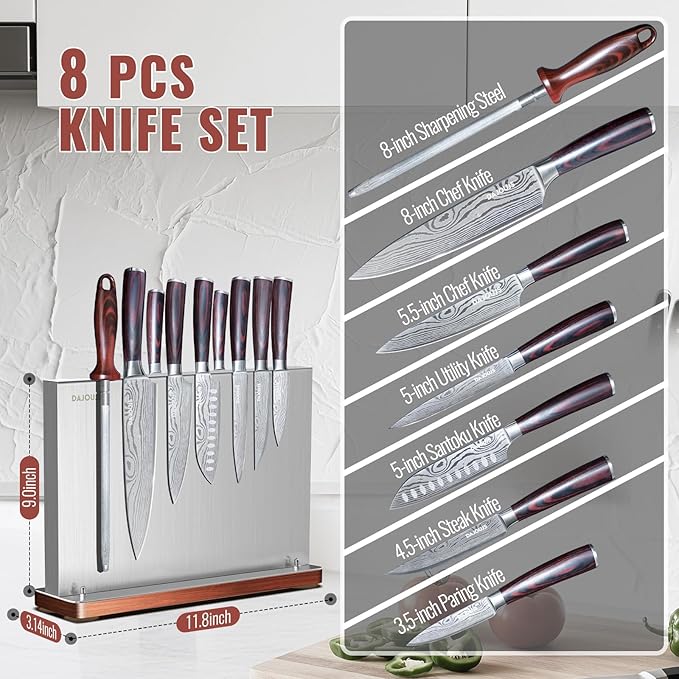8-Pieces Kitchen Knife Set - High Carbon Stainless Steel Magnetic Knife Block Set with Sharpener Sharp Knives Set for Cooking with Ergonomic Handle