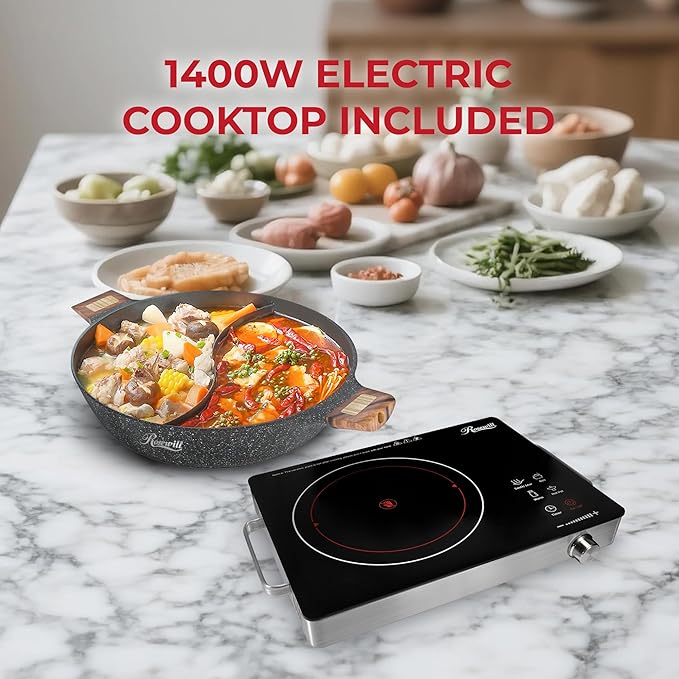 Rosewill 4.2QT Double Flavor Non-Sticking Shabu Shabu Hot Pot with Divider, 13 inch Divided Stockpot for Cooking, Hot Pot for Induction Cooktop & Gas Stove, Electric Burner - Dark Gray
